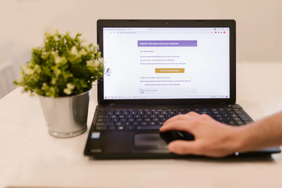 emailing marketing : personne lisant un e-mail sur un ordinateur portable à côté d'une plante