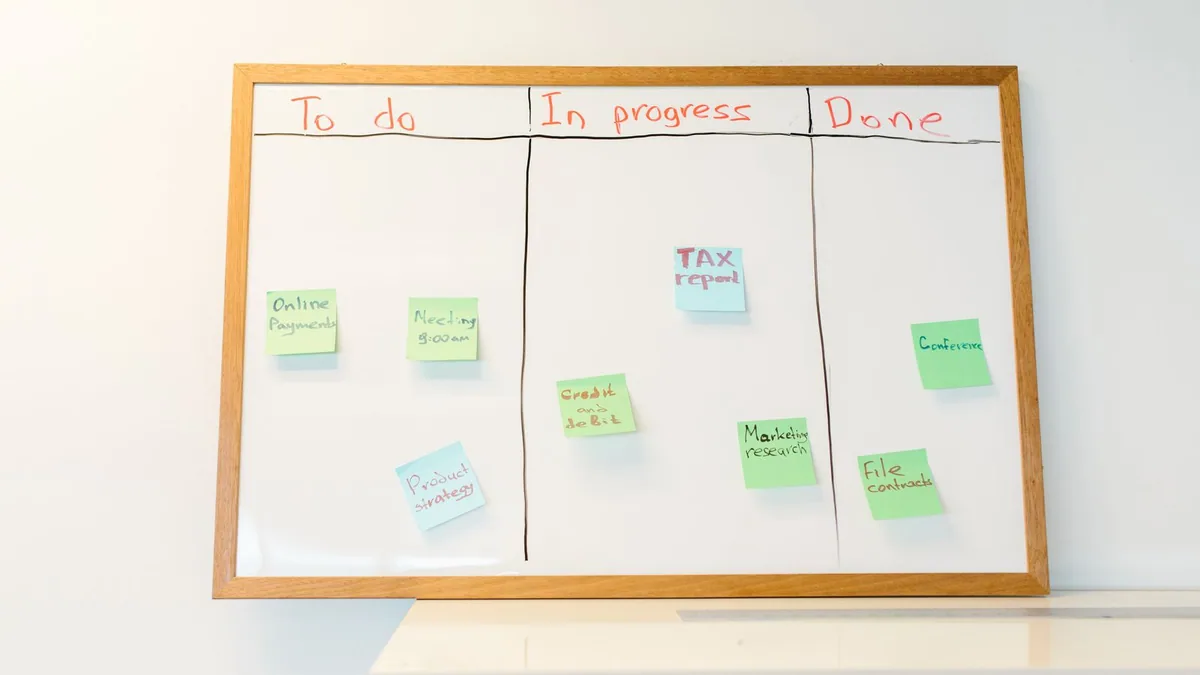 étapes de création d'entreprise : notes adhésives organisées sur un tableau blanc pour structurer le projet
