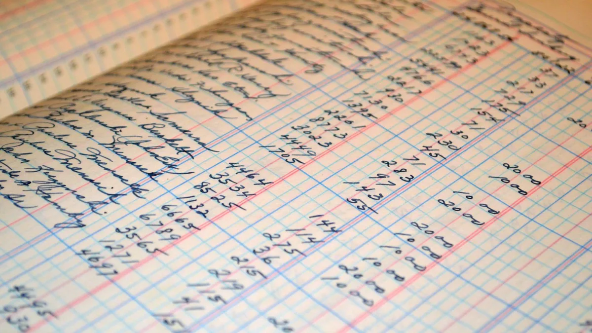 fichier des écritures comptables : liste d'écritures dans un registre comptable, vue rapprochée